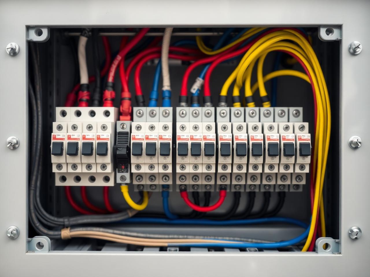 Detalhe de disjuntores e cabeamento em painel elétrico