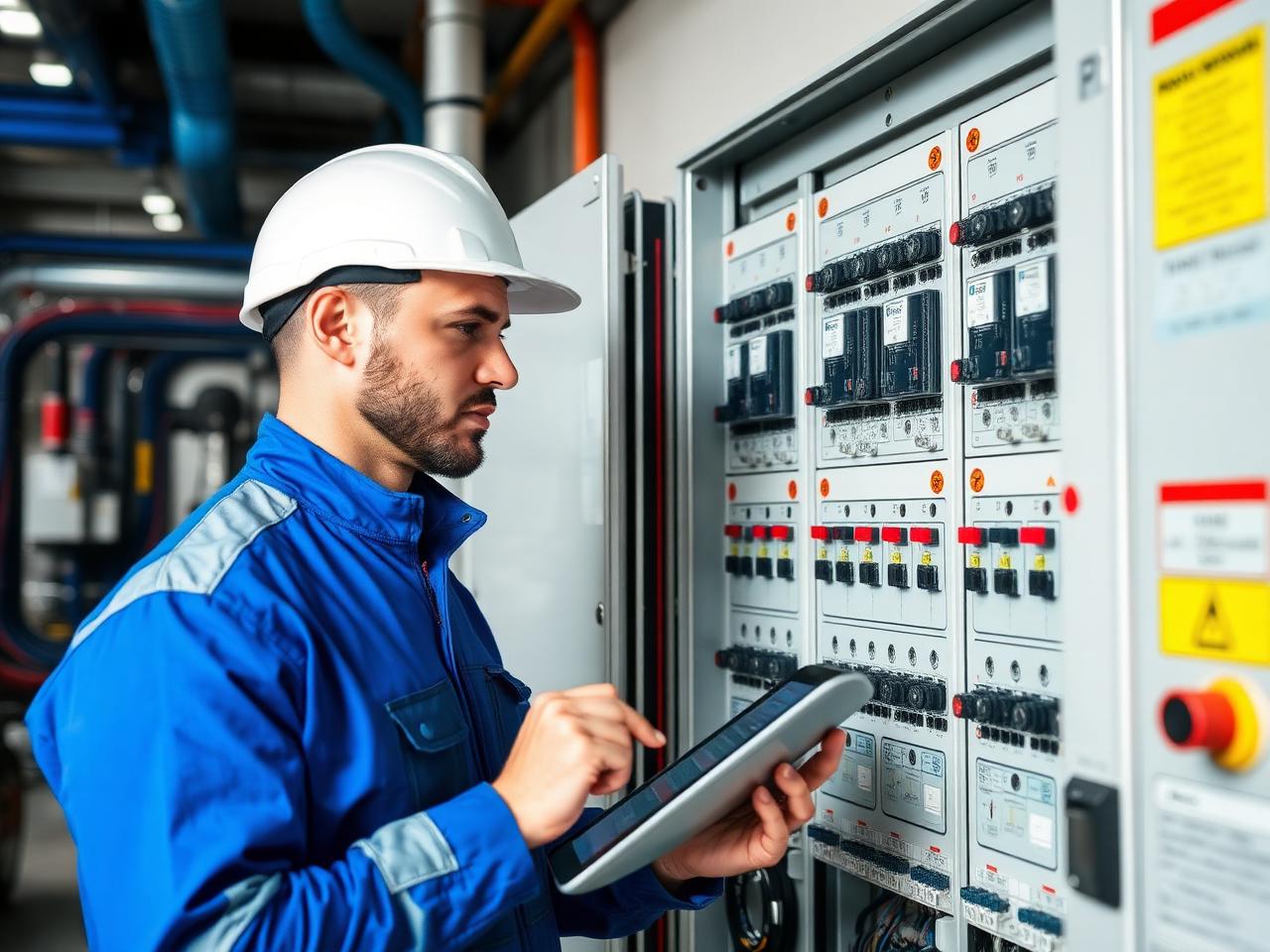 Engenheiro inspecionando painel elétrico industrial
