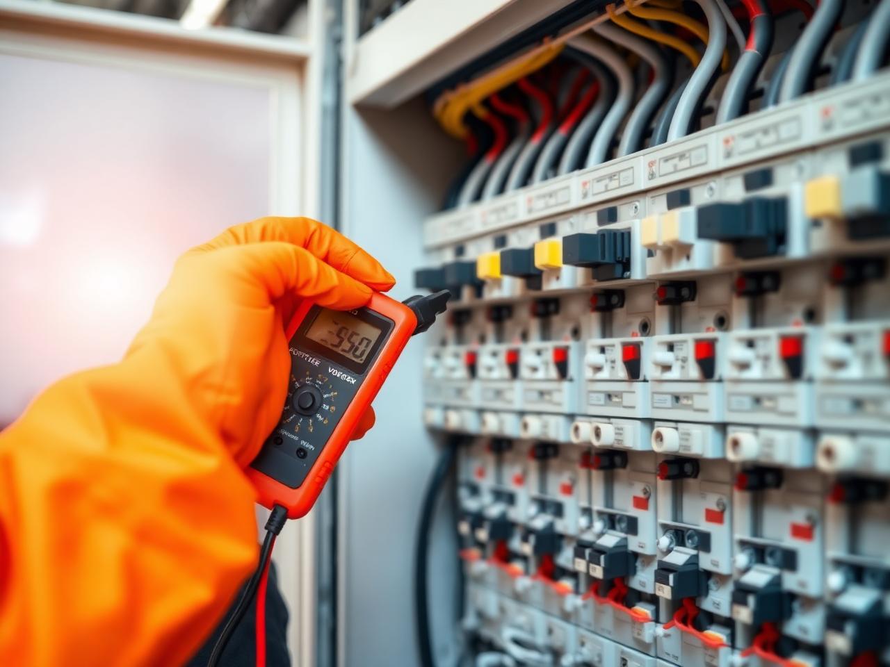 Técnico medindo tensão em quadro elétrico